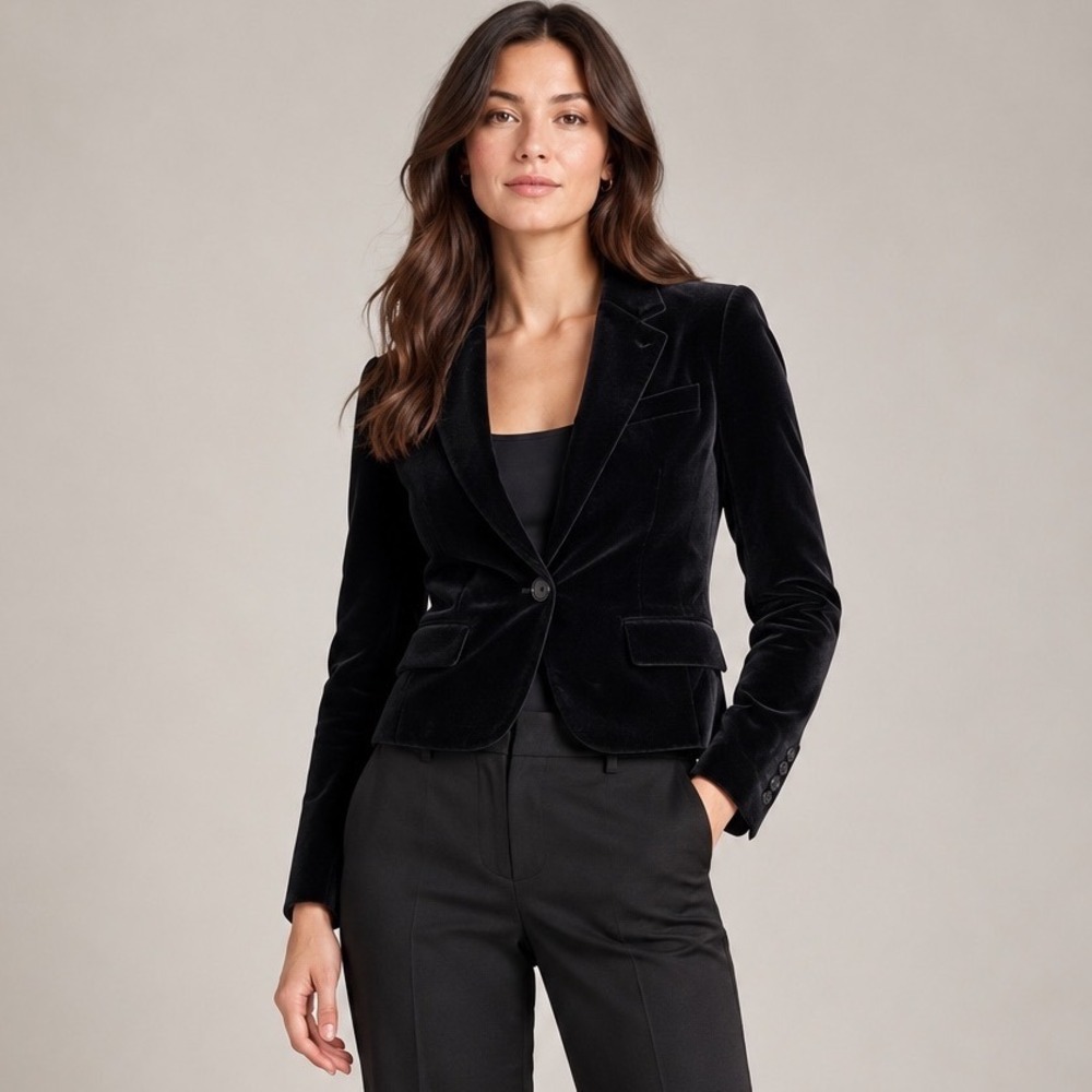 Theory Velvet Blazer Womens 0 Black Single Button Tailored Dark Academia Luxe
